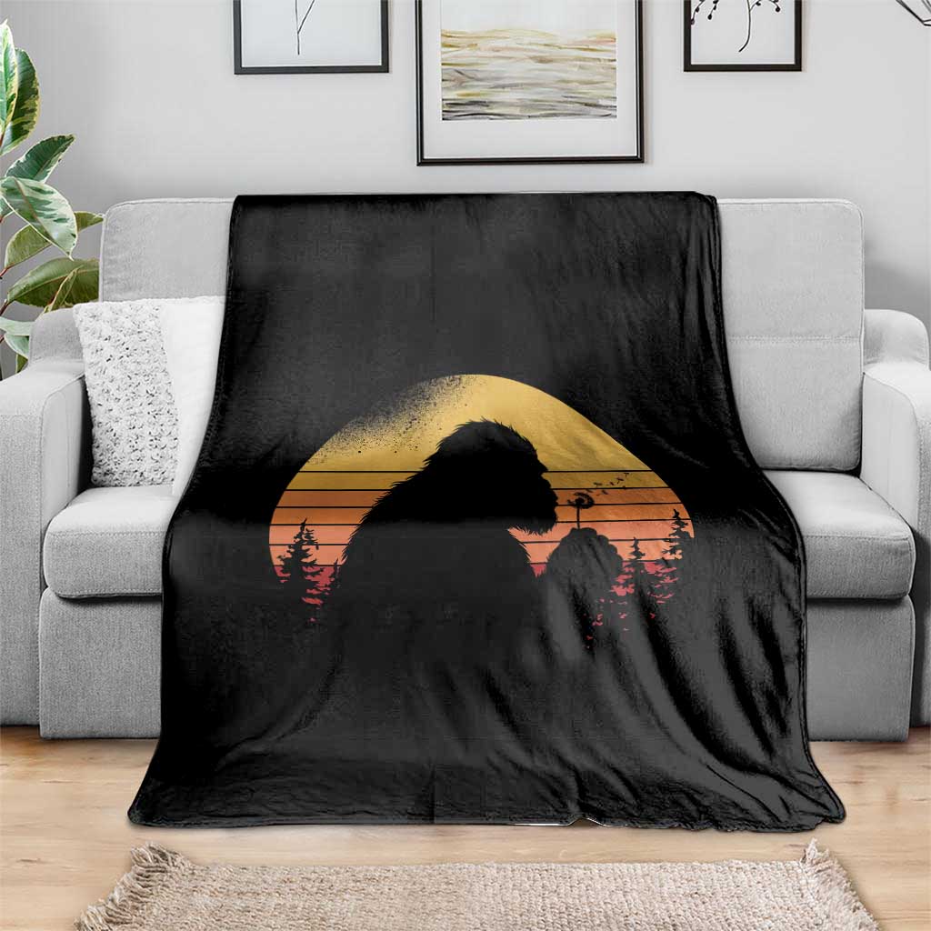 Bigfoot Blowing Dandelion Throw Blanket Retro Sunset Forest