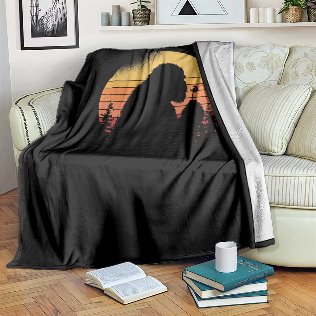Bigfoot Blowing Dandelion Throw Blanket Retro Sunset Forest