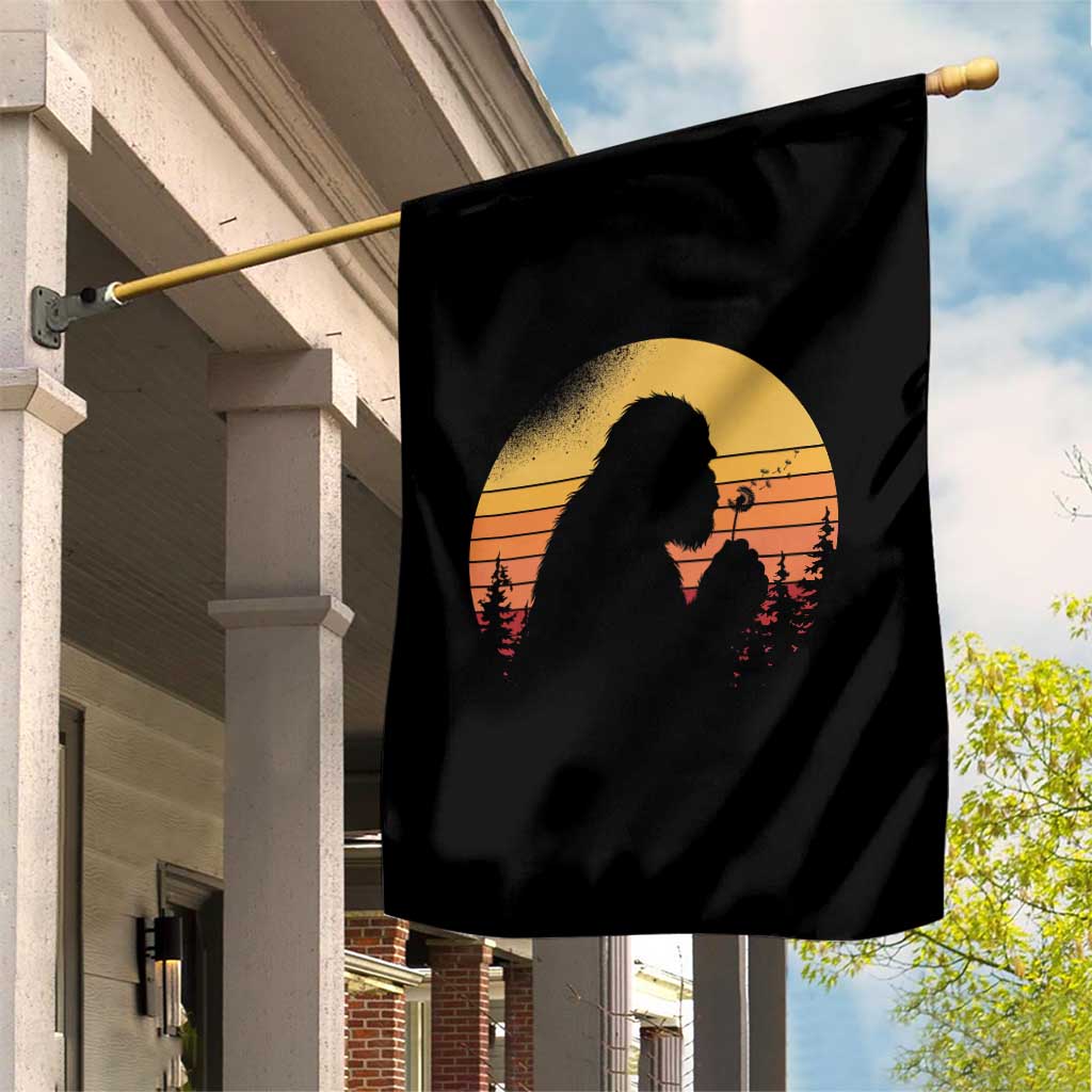 Bigfoot Blowing Dandelion Garden Flag Retro Sunset Forest