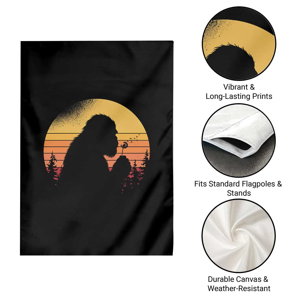 Bigfoot Blowing Dandelion Garden Flag Retro Sunset Forest