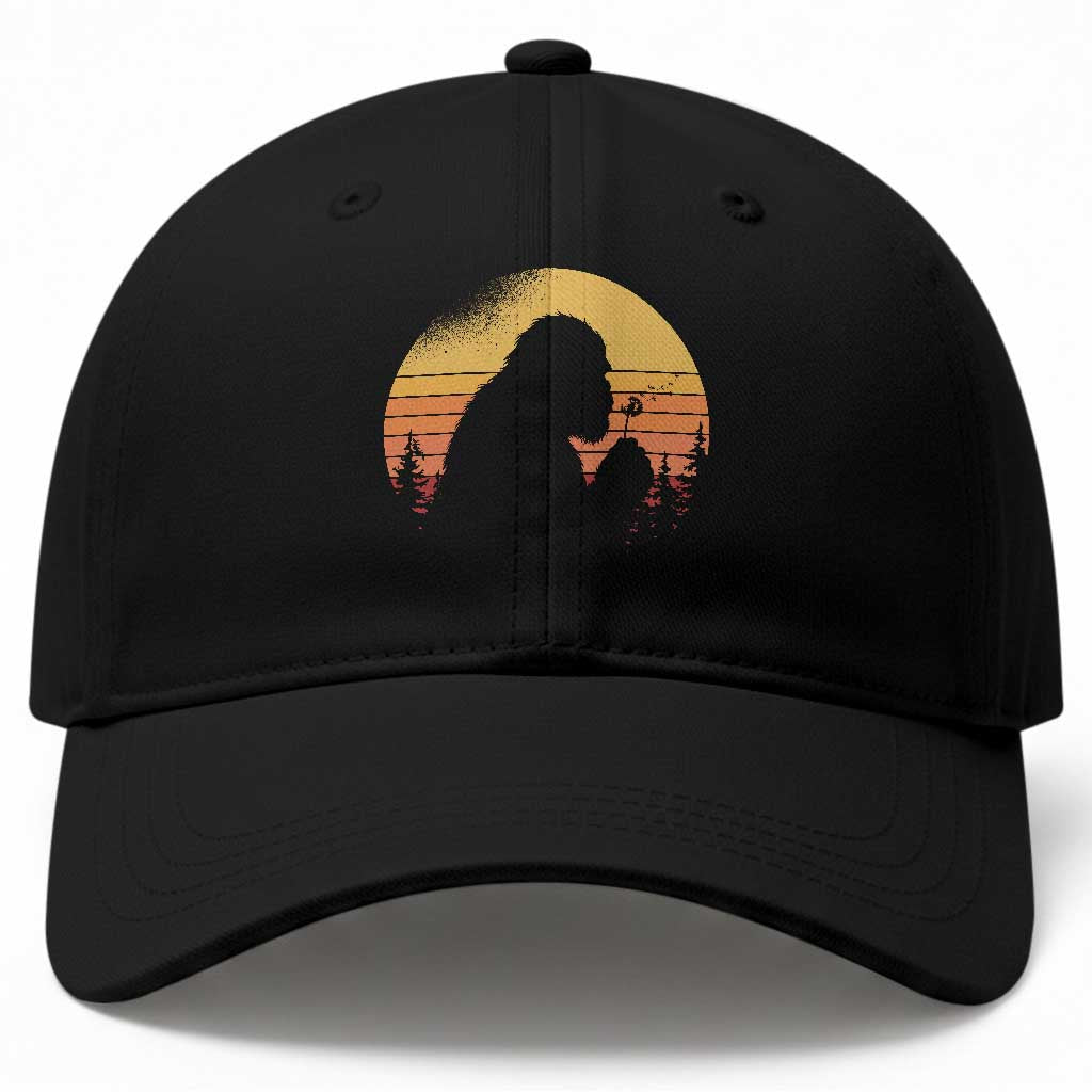 Bigfoot Blowing Dandelion Baseball Cap Retro Sunset Forest