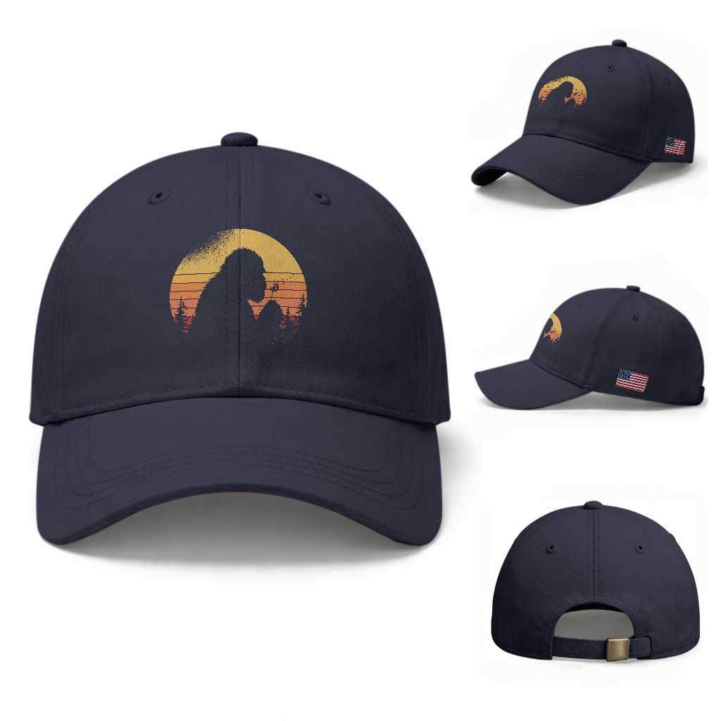 Bigfoot Blowing Dandelion Baseball Cap Retro Sunset Forest
