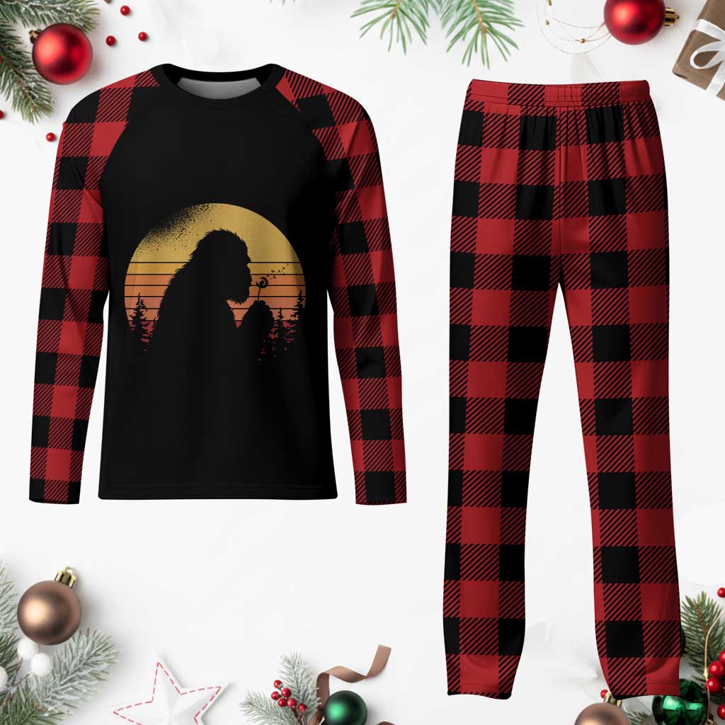 Bigfoot Blowing Dandelion Plaid Pajama Set Retro Sunset Forest