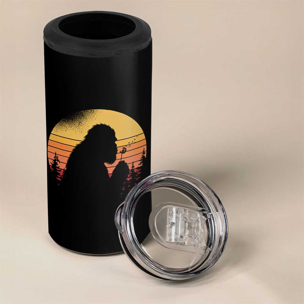 Bigfoot Blowing Dandelion 4 in 1 Can Cooler Tumbler Retro Sunset Forest