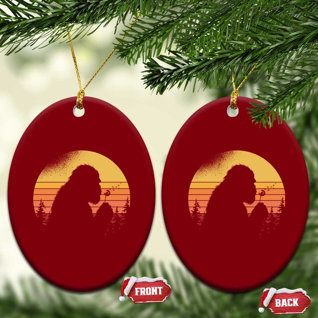Bigfoot Blowing Dandelion Ceramic Ornament Retro Sunset Forest