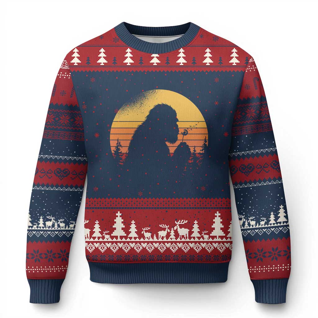 Bigfoot Blowing Dandelion Ugly Christmas Sweater Retro Sunset Forest