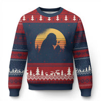 Bigfoot Blowing Dandelion Ugly Christmas Sweater Retro Sunset Forest