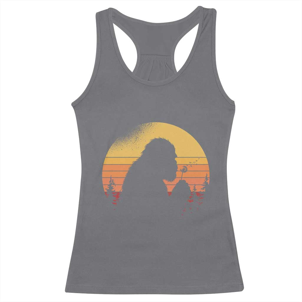 Bigfoot Blowing Dandelion Racerback Tank Top Retro Sunset Forest