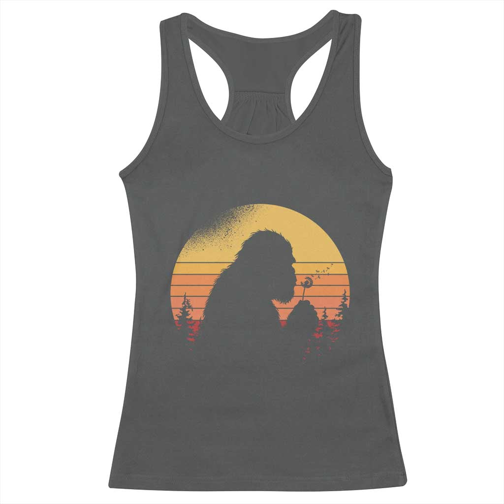 Bigfoot Blowing Dandelion Racerback Tank Top Retro Sunset Forest