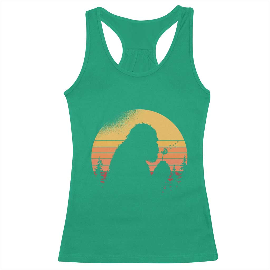 Bigfoot Blowing Dandelion Racerback Tank Top Retro Sunset Forest