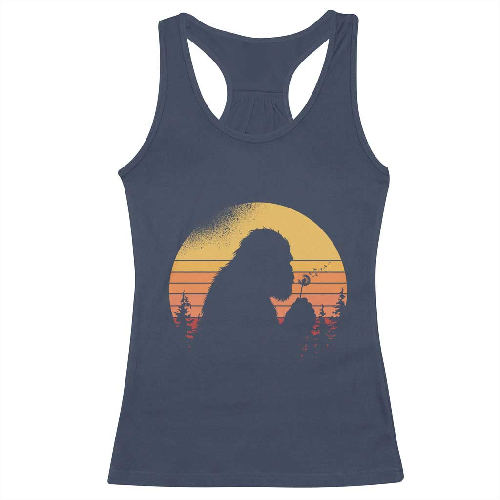 Bigfoot Blowing Dandelion Racerback Tank Top Retro Sunset Forest
