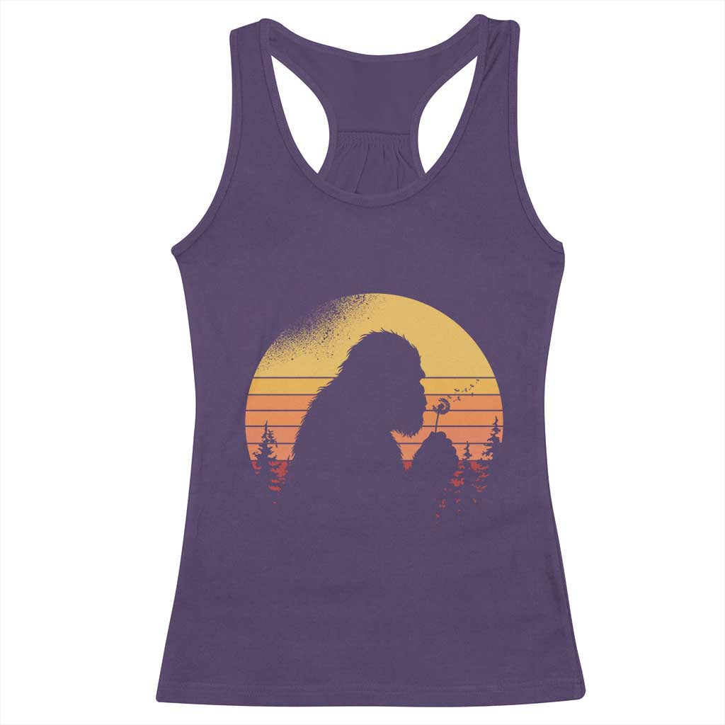 Bigfoot Blowing Dandelion Racerback Tank Top Retro Sunset Forest