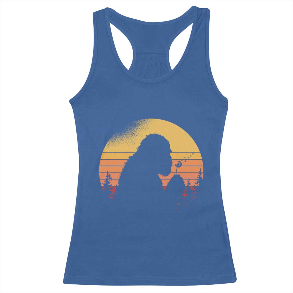 Bigfoot Blowing Dandelion Racerback Tank Top Retro Sunset Forest