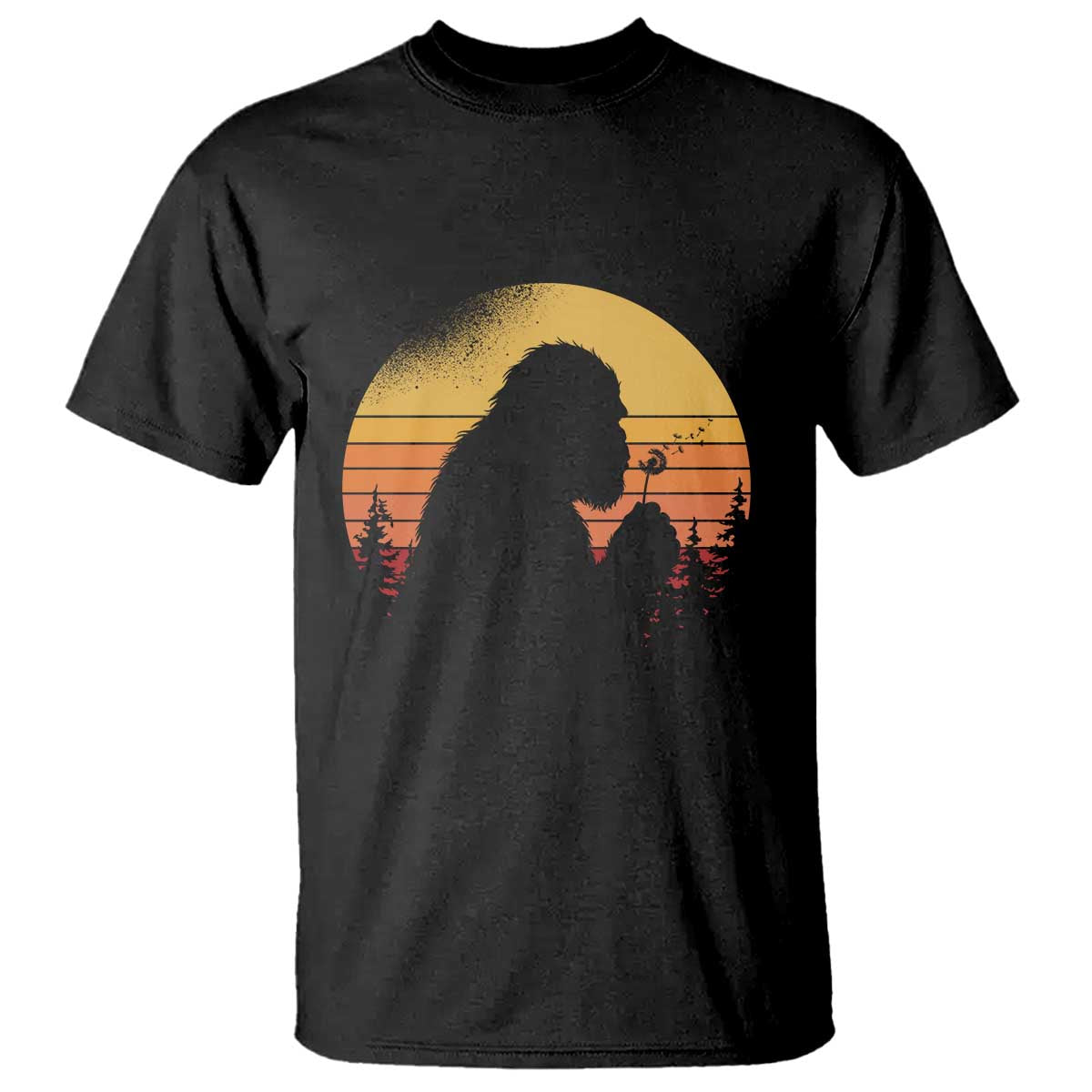 Bigfoot Blowing Dandelion T Shirt Retro Sunset Forest