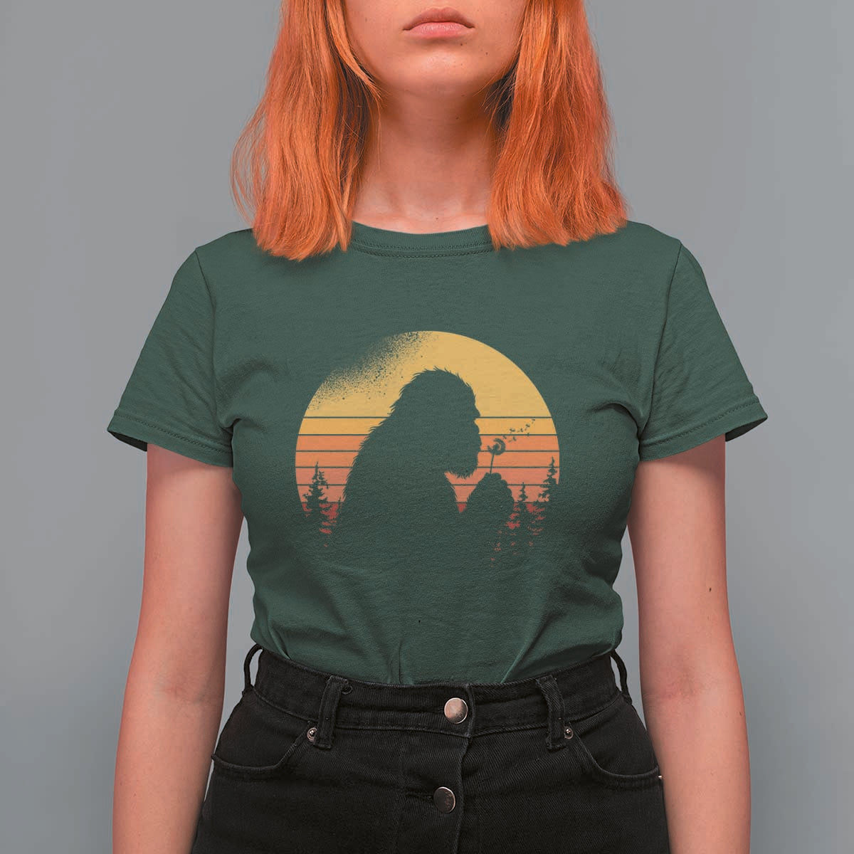Bigfoot Blowing Dandelion T Shirt For Women Retro Sunset Forest