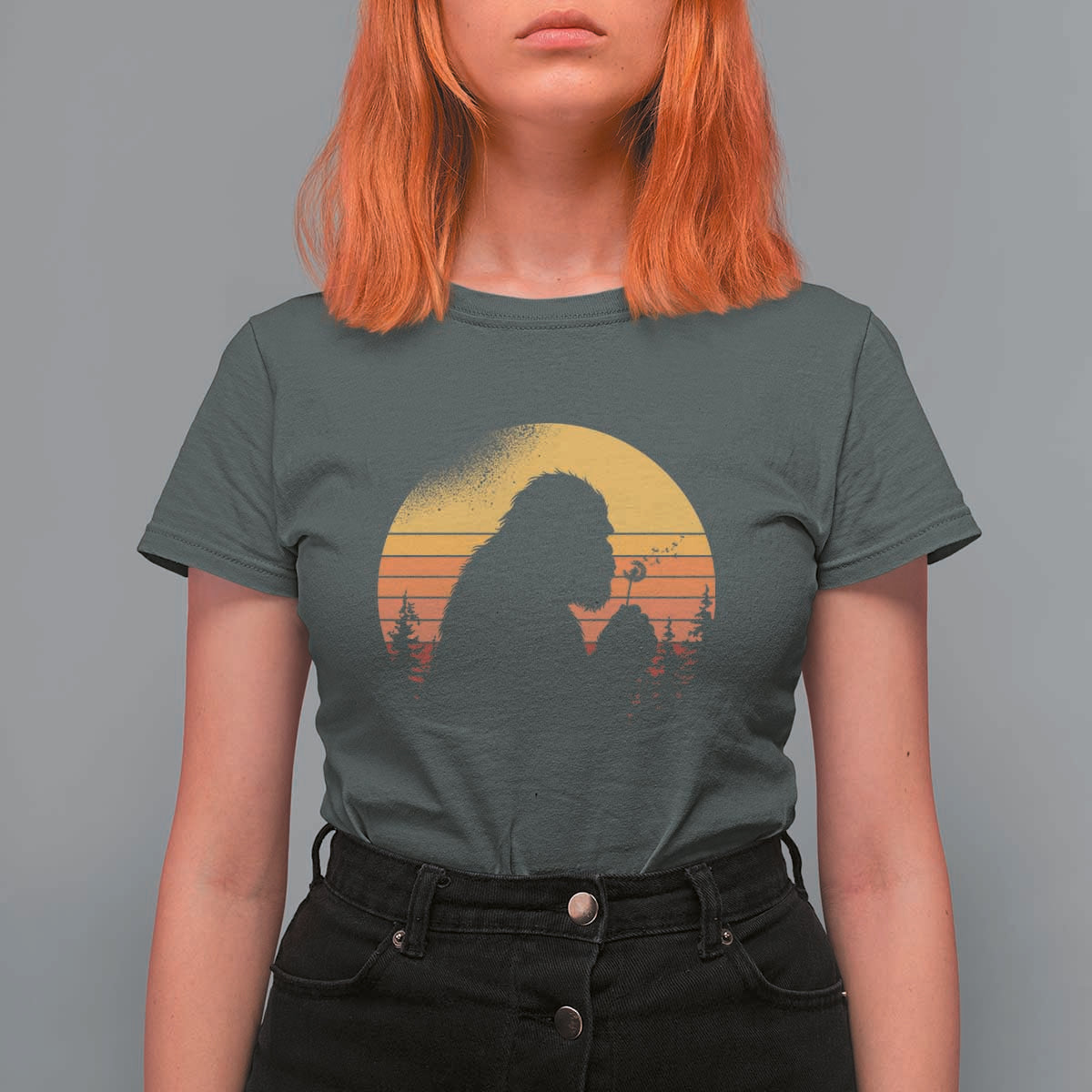 Bigfoot Blowing Dandelion T Shirt For Women Retro Sunset Forest