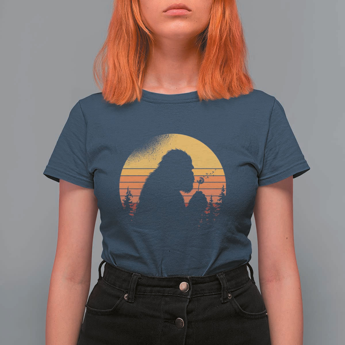 Bigfoot Blowing Dandelion T Shirt For Women Retro Sunset Forest