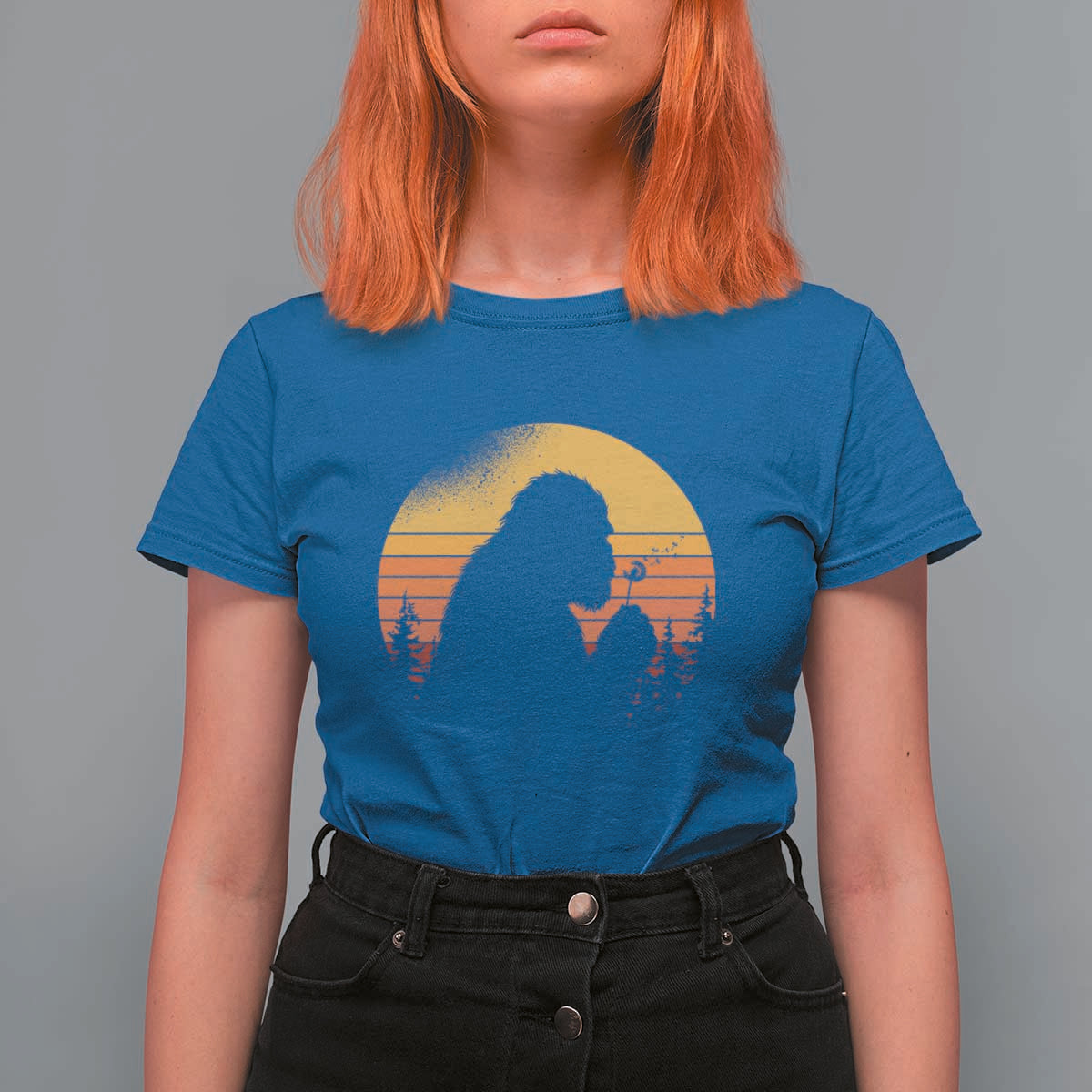 Bigfoot Blowing Dandelion T Shirt For Women Retro Sunset Forest