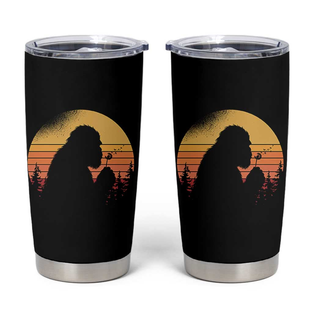 Bigfoot Blowing Dandelion Tumbler Cup Retro Sunset Forest