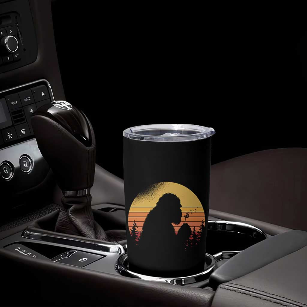 Bigfoot Blowing Dandelion Tumbler Cup Retro Sunset Forest