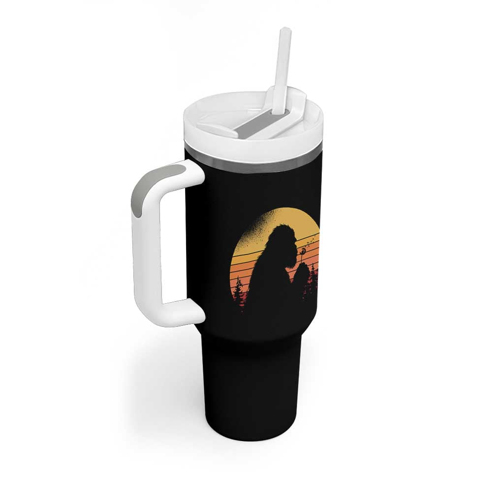 Bigfoot Blowing Dandelion Tumbler With Handle Retro Sunset Forest