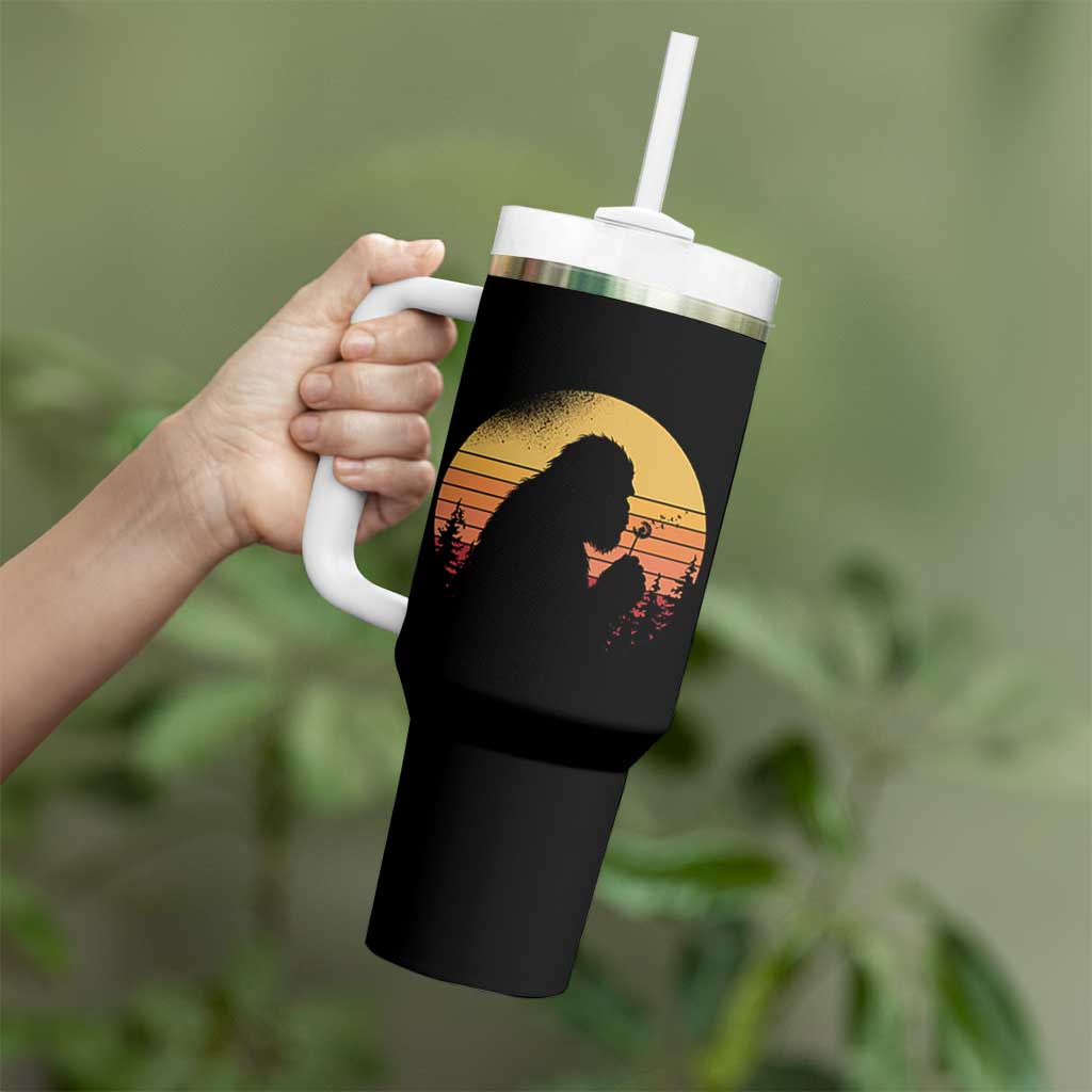 Bigfoot Blowing Dandelion Tumbler With Handle Retro Sunset Forest