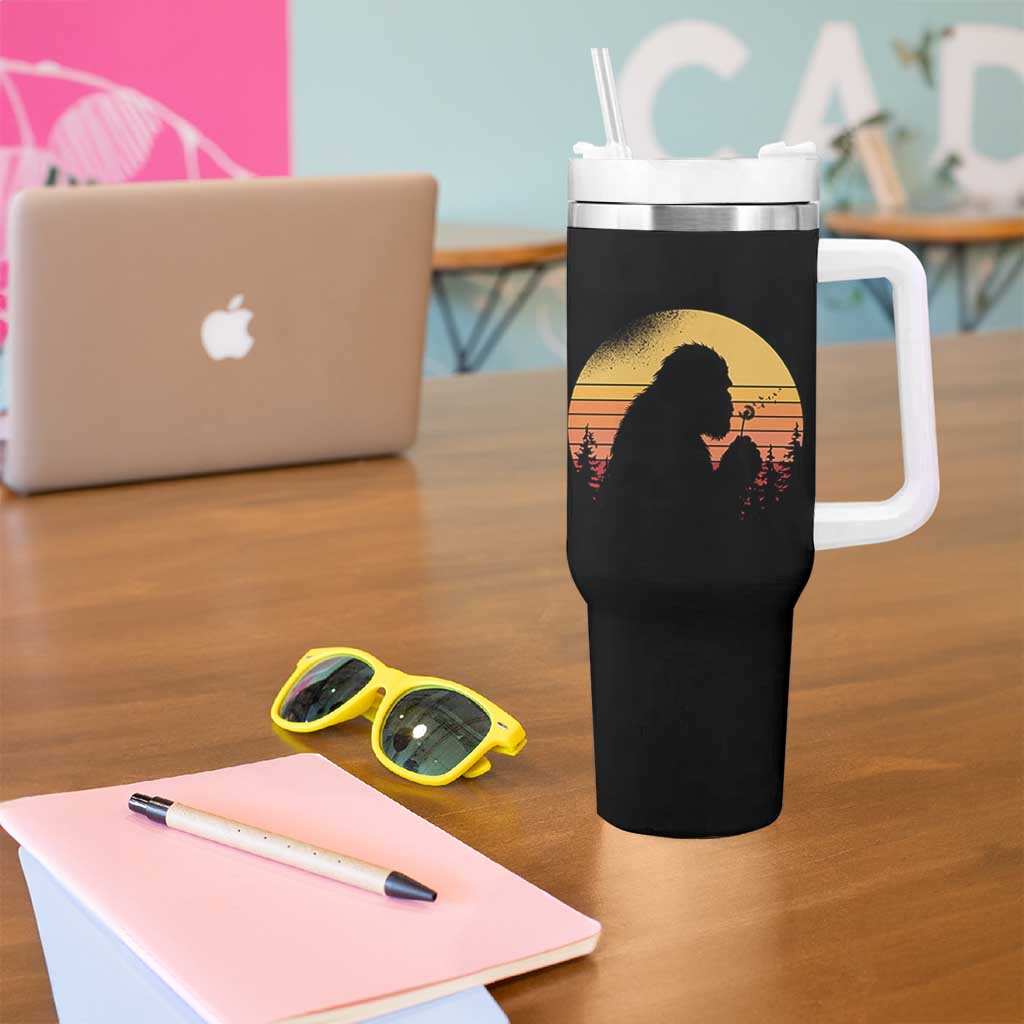 Bigfoot Blowing Dandelion Tumbler With Handle Retro Sunset Forest