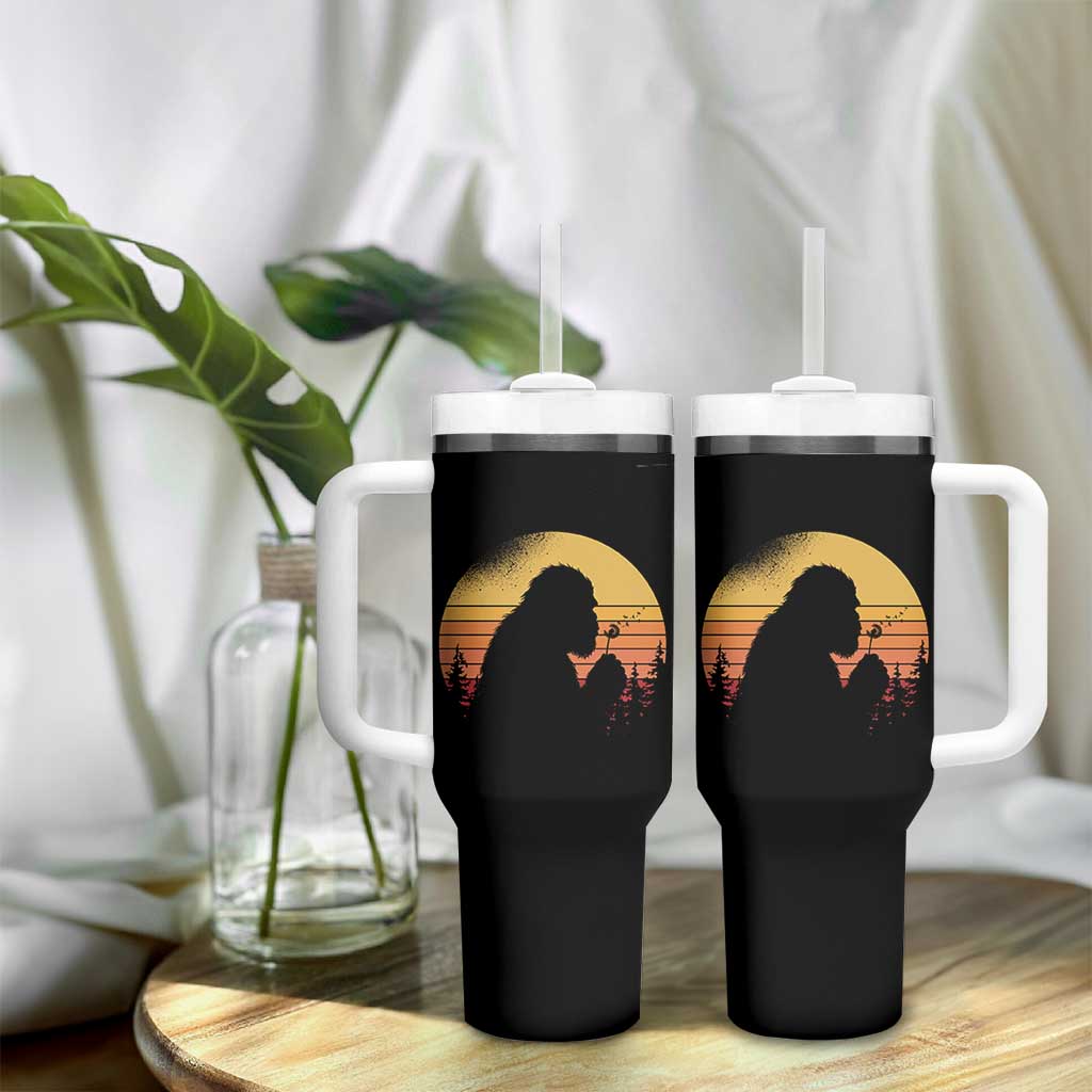 Bigfoot Blowing Dandelion Tumbler With Handle Retro Sunset Forest