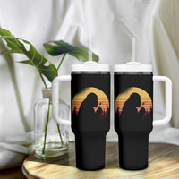 Bigfoot Blowing Dandelion Tumbler With Handle Retro Sunset Forest
