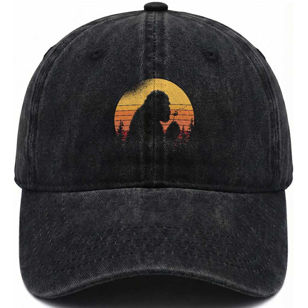 Bigfoot Blowing Dandelion Washed Cotton Baseball Cap Retro Sunset Forest