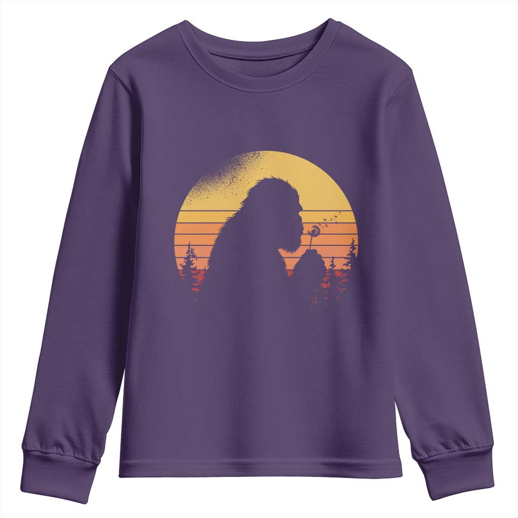 Bigfoot Blowing Dandelion Youth Sweatshirt Retro Sunset Forest