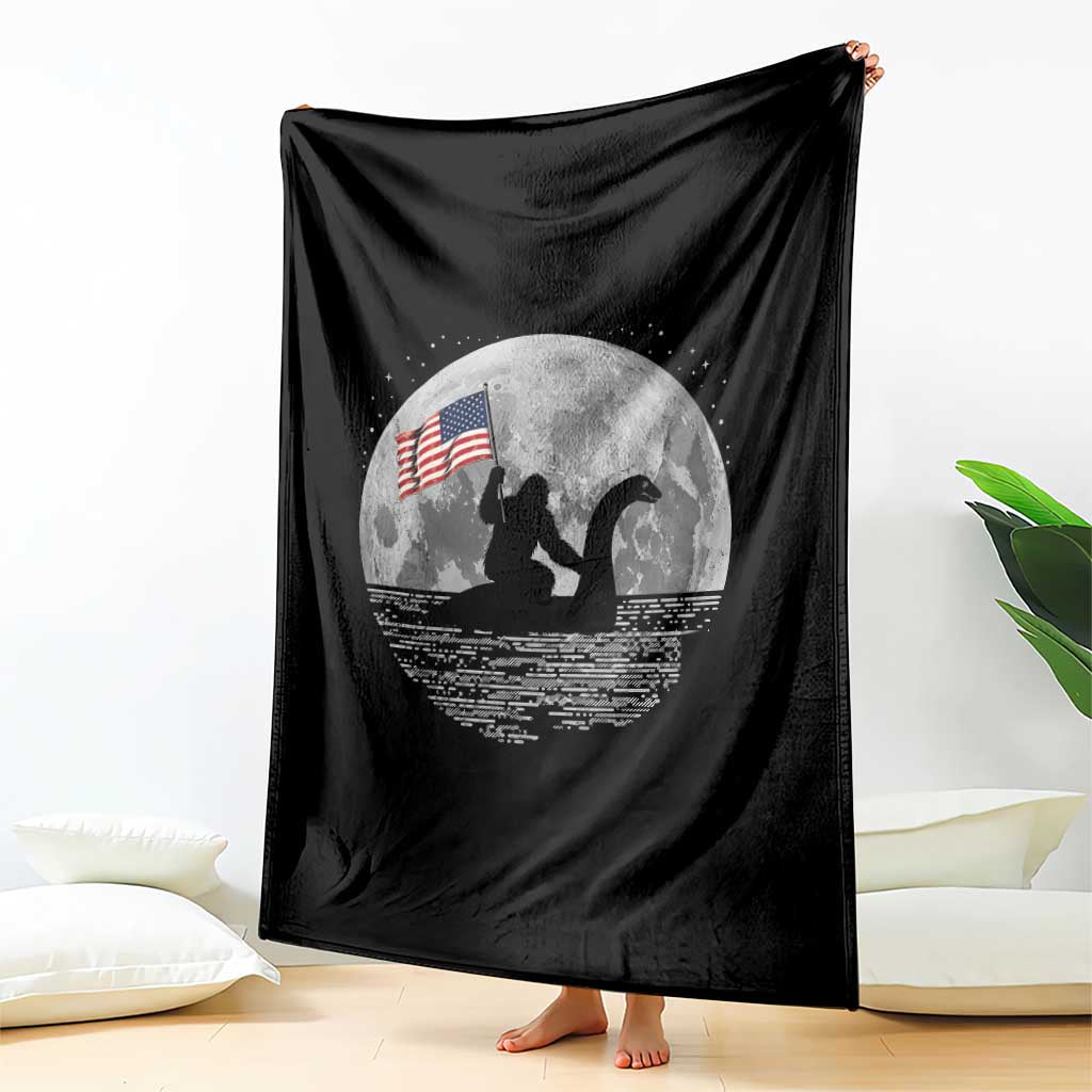 Bigfoot Loch Ness Monster 4th of July Throw Blanket Funny Cryptid Moon Night