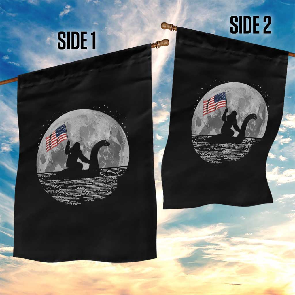 Bigfoot Loch Ness Monster 4th of July Garden Flag Funny Cryptid Moon Night