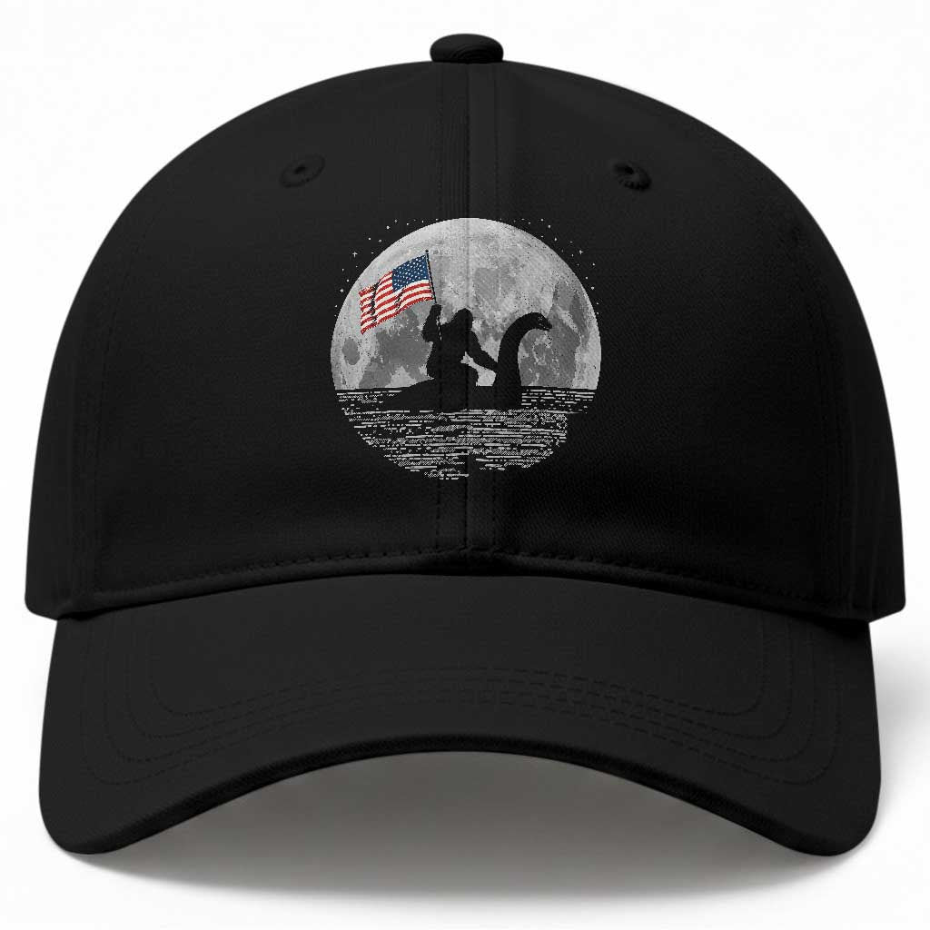 Bigfoot Loch Ness Monster 4th of July Baseball Cap Funny Cryptid Moon Night