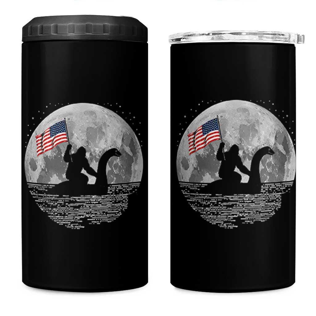Bigfoot Loch Ness Monster 4th of July 4 in 1 Can Cooler Tumbler Funny Cryptid Moon Night