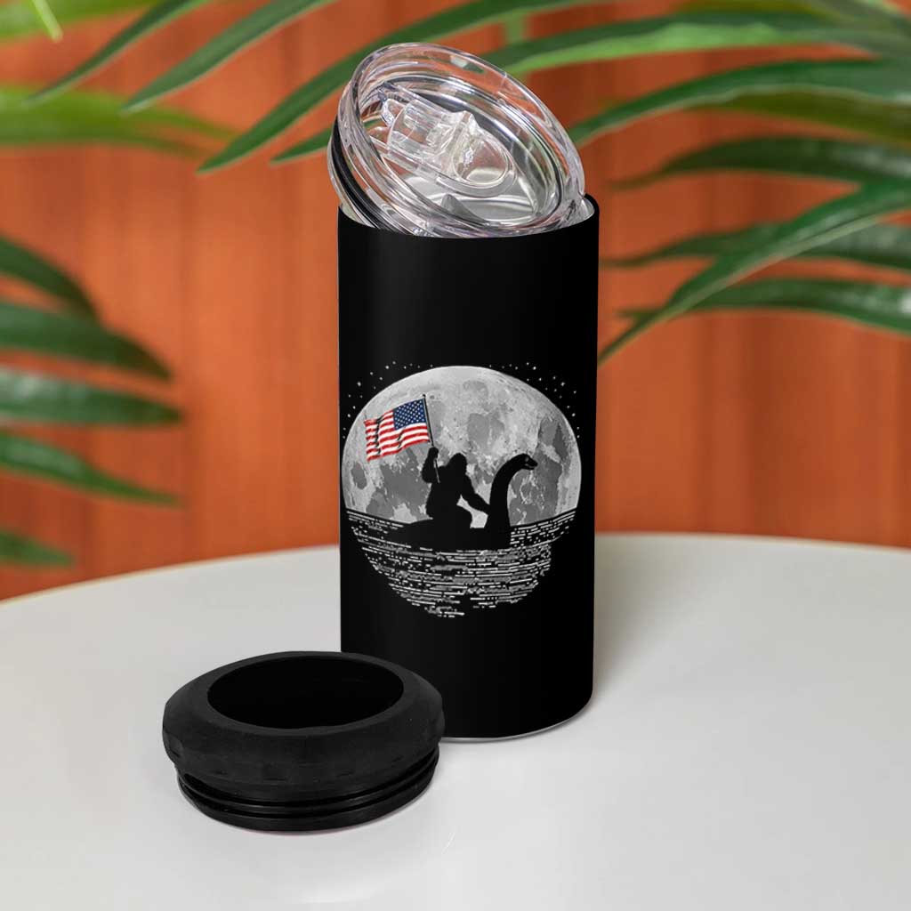 Bigfoot Loch Ness Monster 4th of July 4 in 1 Can Cooler Tumbler Funny Cryptid Moon Night
