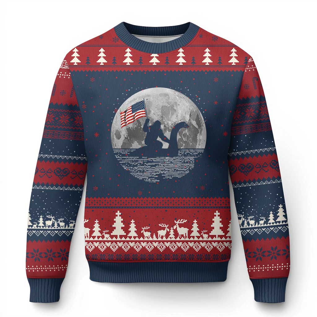 Bigfoot Loch Ness Monster 4th of July Ugly Christmas Sweater Funny Cryptid Moon Night