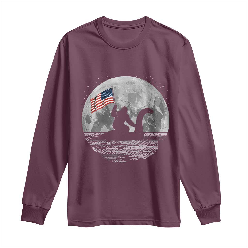 Bigfoot Loch Ness Monster 4th of July Long Sleeve Shirt Funny Cryptid Moon Night