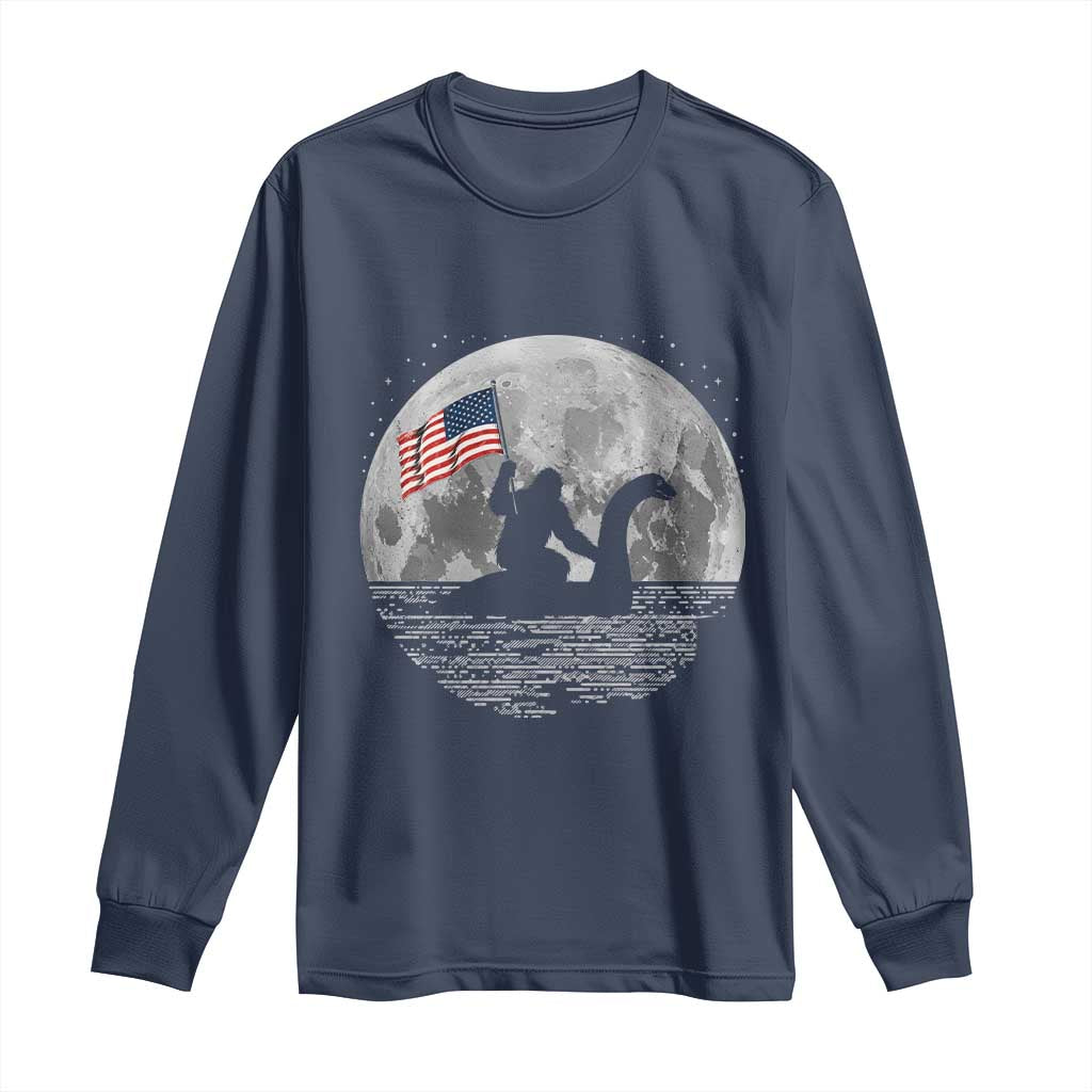 Bigfoot Loch Ness Monster 4th of July Long Sleeve Shirt Funny Cryptid Moon Night