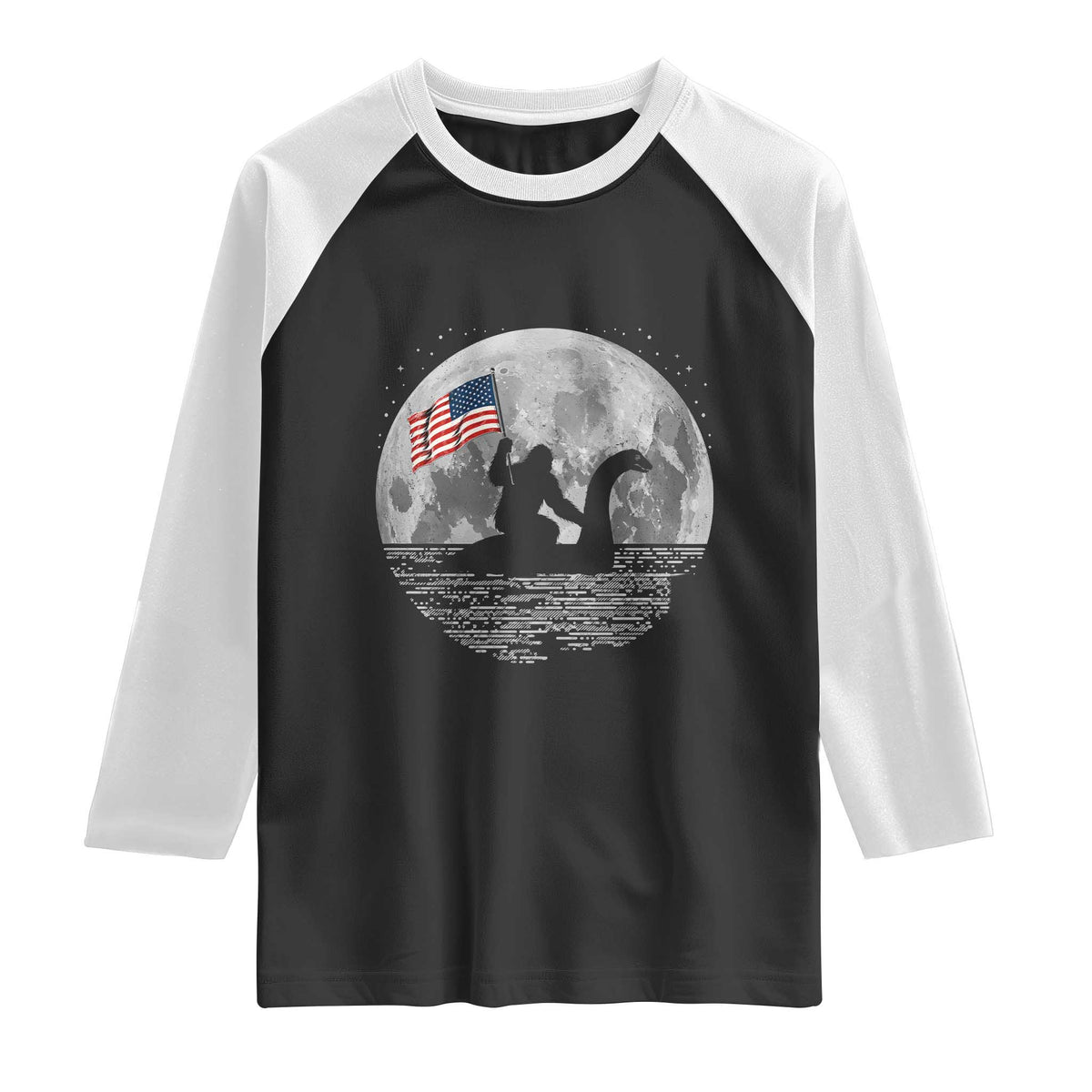 Bigfoot Loch Ness Monster 4th of July Raglan Shirt Funny Cryptid Moon Night