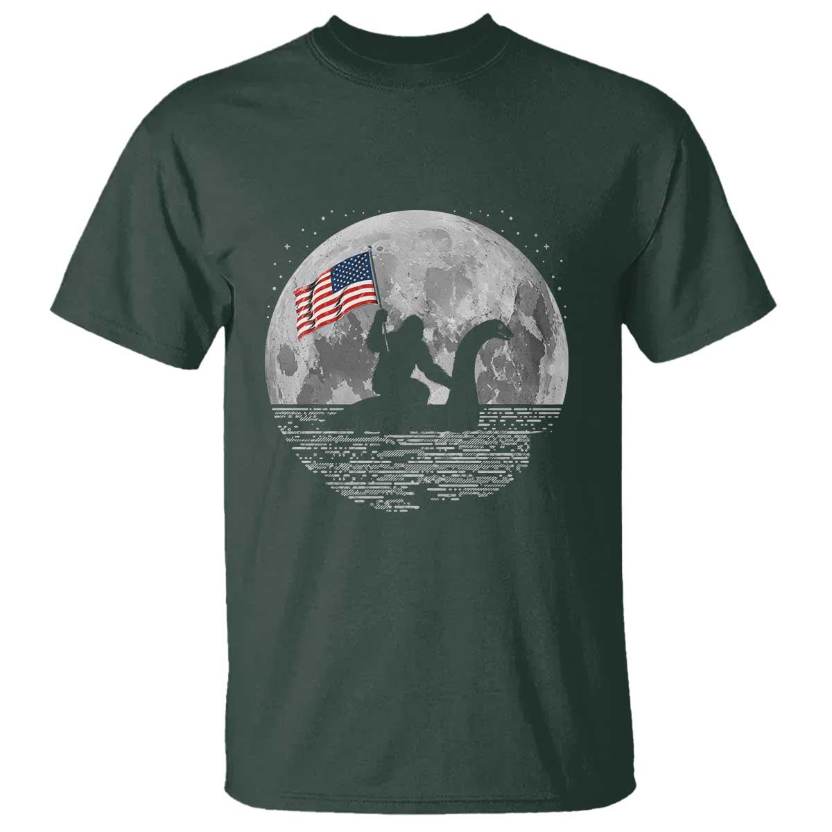 Bigfoot Loch Ness Monster 4th of July T Shirt Funny Cryptid Moon Night