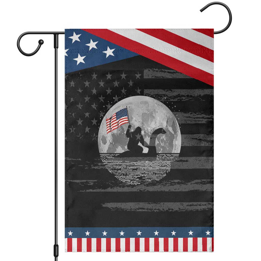Bigfoot Loch Ness Monster 4th of July Patriotic Garden Flag Funny Cryptid Moon Night