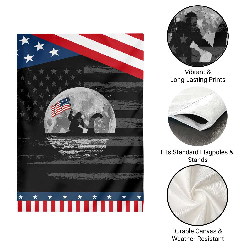 Bigfoot Loch Ness Monster 4th of July Patriotic Garden Flag Funny Cryptid Moon Night
