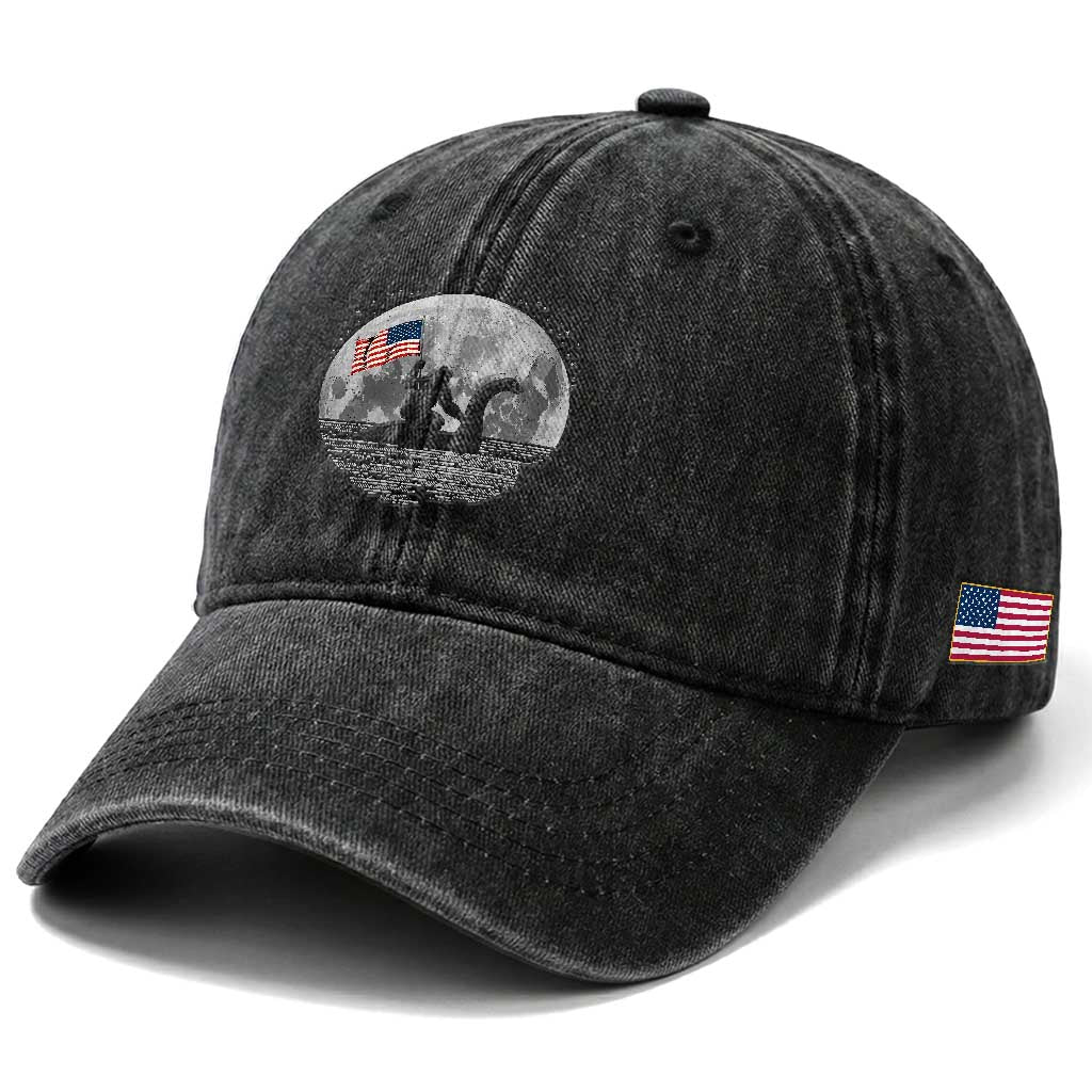 Bigfoot Loch Ness Monster 4th of July Washed Cotton Baseball Cap Funny Cryptid Moon Night