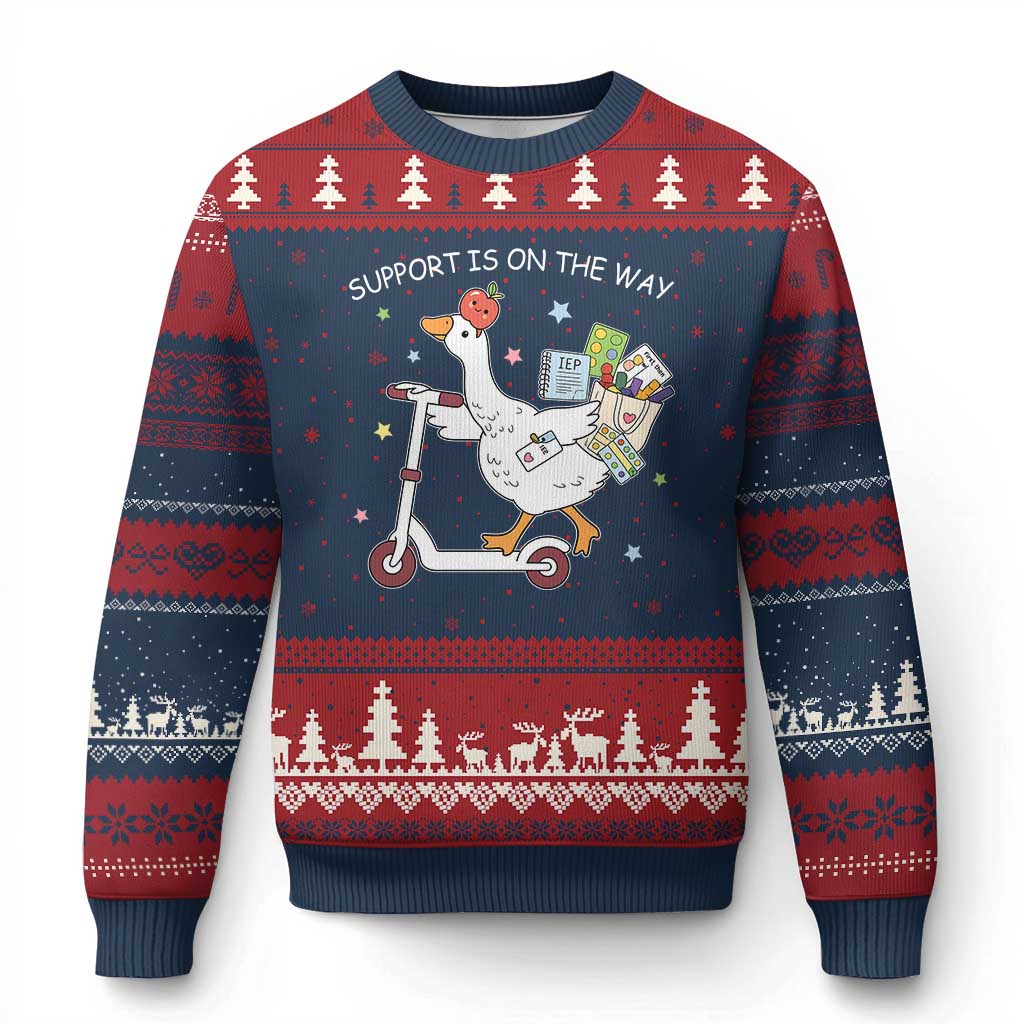 Special Education SPED Teacher Goose Scooter Ugly Christmas Sweater Support Is On The Way