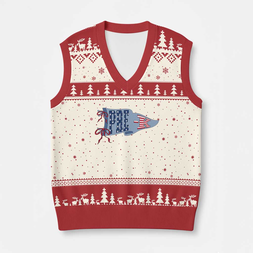 Pre-K Teacher Pennant US Flag Back to School V-Neck Knit Sweater Vest