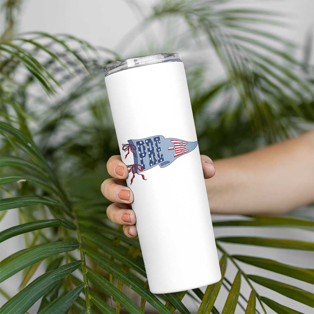 Pre-K Teacher Pennant US Flag Back to School Skinny Tumbler