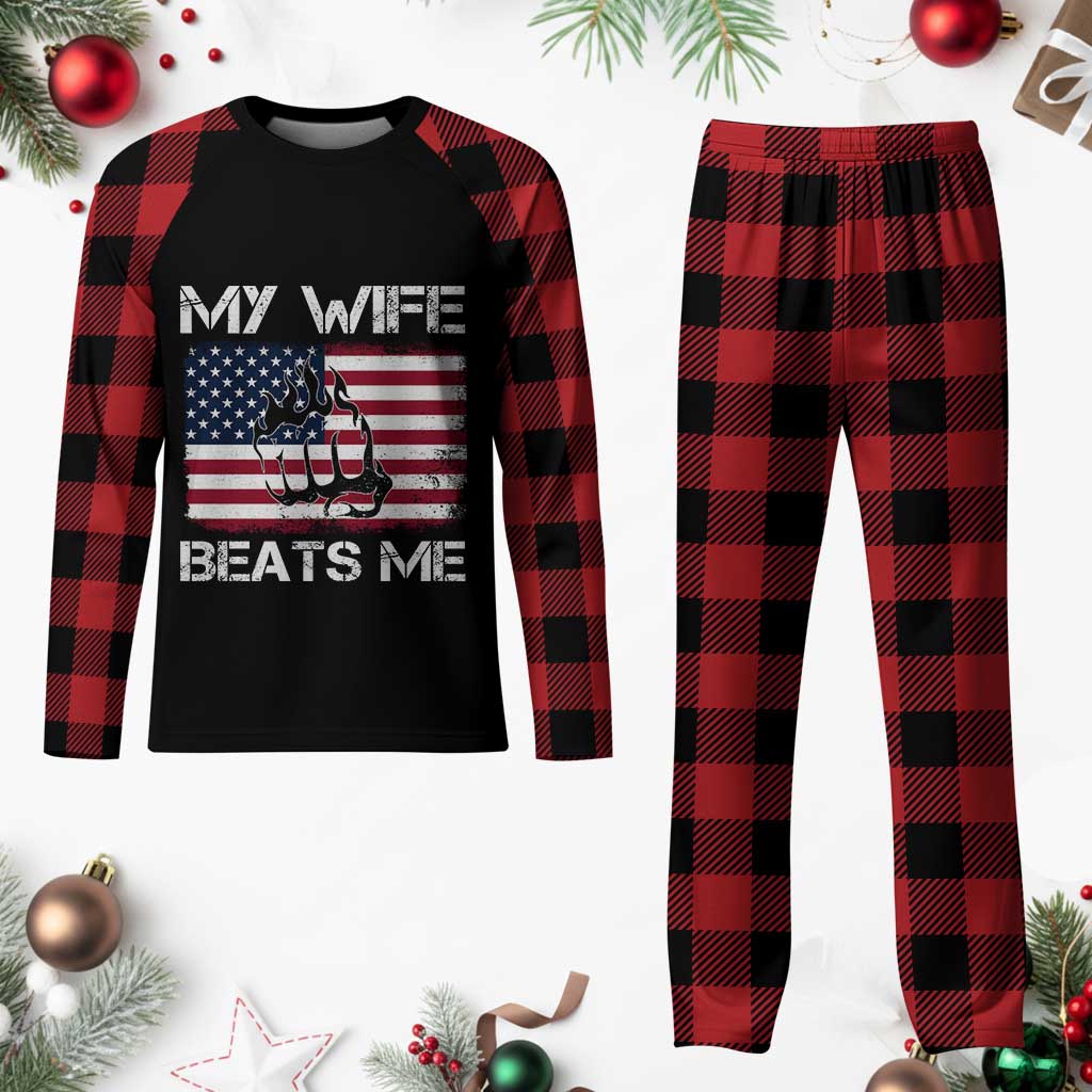 Funny Husband Sarcastic Plaid Pajama Set American Flag My Wife Beats Me - Wonder Print Shop