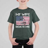 Funny Husband Sarcastic T Shirt For Kid American Flag My Wife Beats Me - Wonder Print Shop
