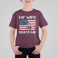 Funny Husband Sarcastic T Shirt For Kid American Flag My Wife Beats Me - Wonder Print Shop